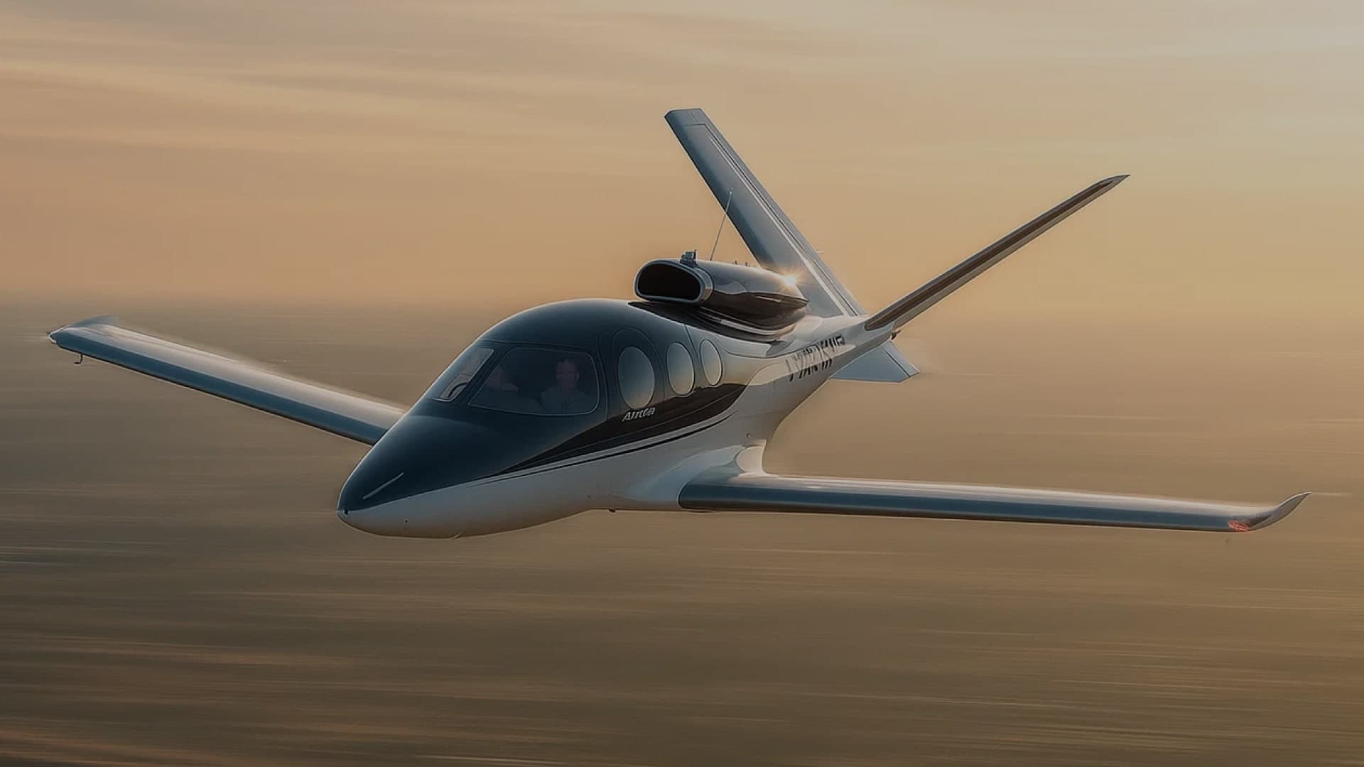 A sleek, white jet with a streamlined design soars through a golden sky during sunset